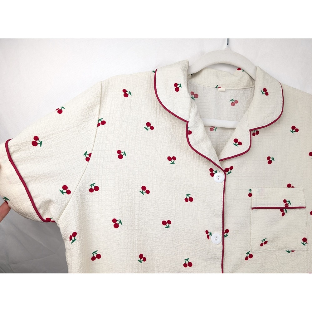 Cherry Print Pajama Set Button Shirt Shorts Size M Cream Red Novelty Print Fruit - Picture 6 of 10